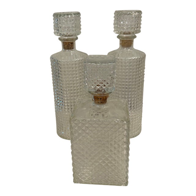 Vintage Mid Century Modern Collection of 3 Diamond Point Glass Liquor Decanters For Sale