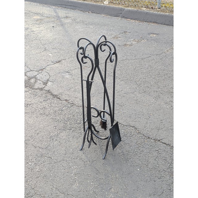 Metal Vintage 4-Piece Wrought Iron Fireplace Tool Set Stand For Sale - Image 7 of 7