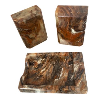 Mid Century Modern Faux Marbke Bookends + Tray For Sale