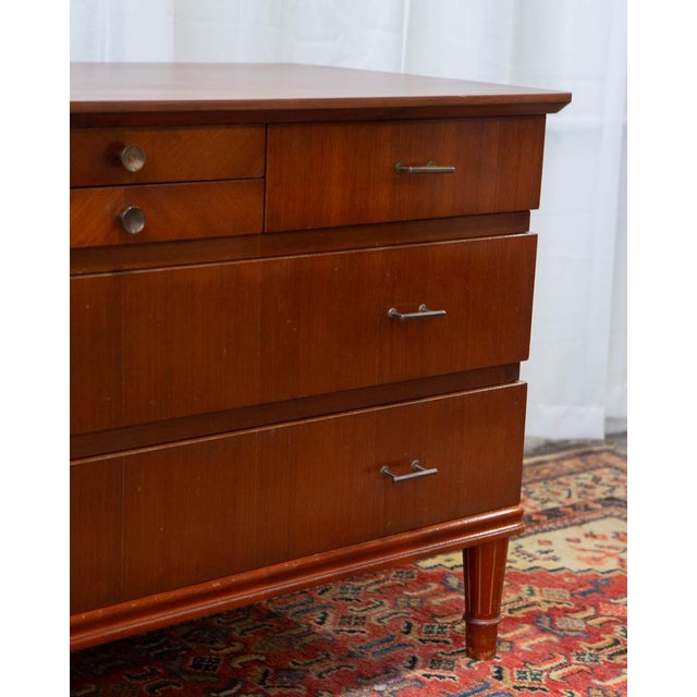 Deco Style Danish Petite Chest of Drawers With Brass Hardware and Carved Legs, C. 1950s For Sale - Image 4 of 14