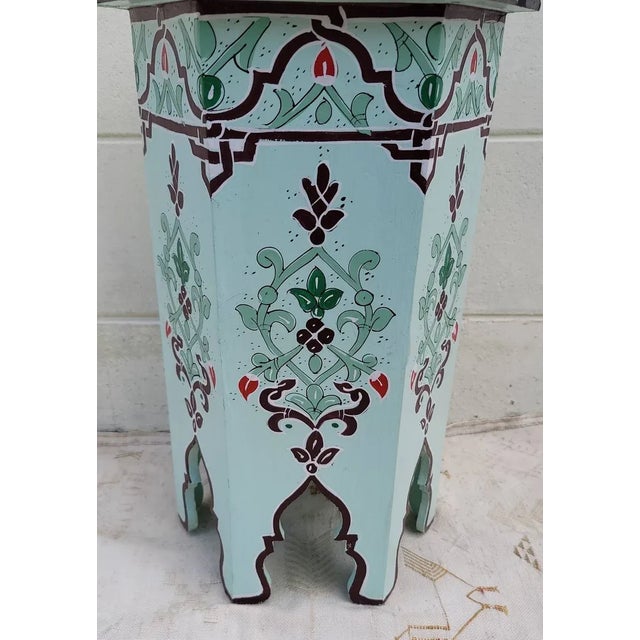 2020s Moroccan Hexagonal Hand Painted Wooden Side Table in Celadon Zouak For Sale - Image 5 of 7