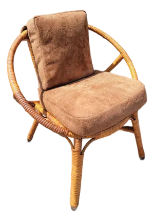 1940s Bamboo/ Wicker Child's Chair W/ Brown Suede Cushions