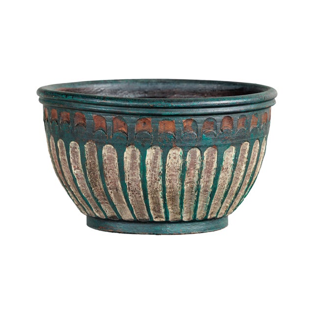 Vintage Emerald-Green Painted Terracotta Planter with Carved Motifs For Sale - Image 14 of 18