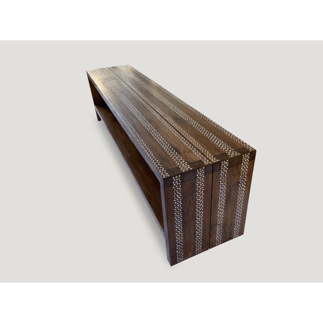 Andrianna Shamaris Shell Inlaid Teak Wood Console Table For Sale - Image 11 of 18