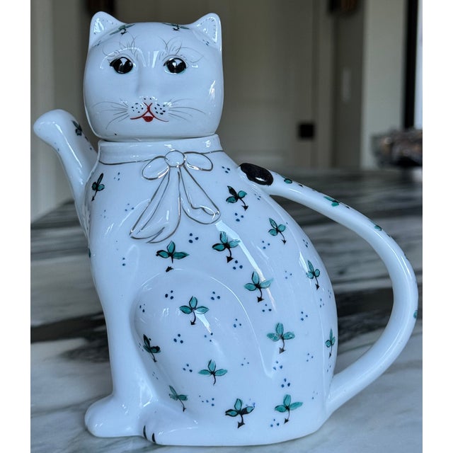 1970’s Blue & Green Accent Lucky Cat Motif Tea Pot For Sale - Image 9 of 13
