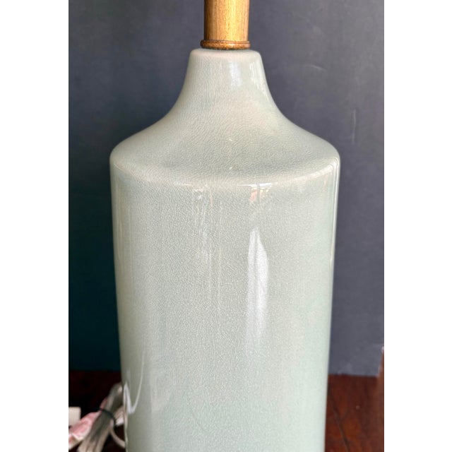 Wood 1960s Mid-Century Modern Celadon Crackle-Glaze Ceramic & Wood Table Lamp For Sale - Image 7 of 15