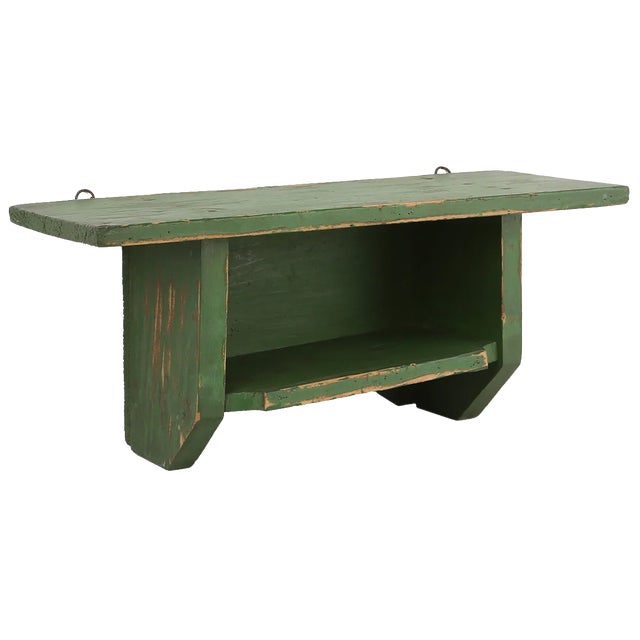 Small Rustic Green Wooden Wall Unit with 2 Shelves, France, 1880s For Sale