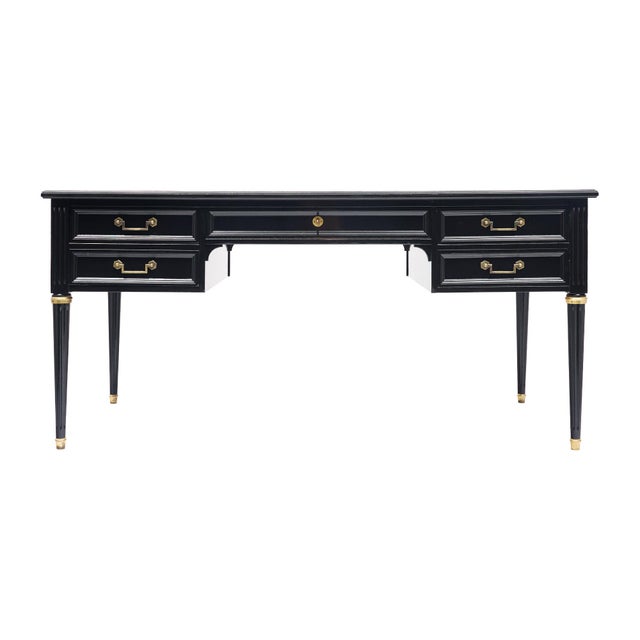 French Classic, French Louis XVI Writing Desk, Ebonized Mahogany, Leather For Sale - Image 3 of 9