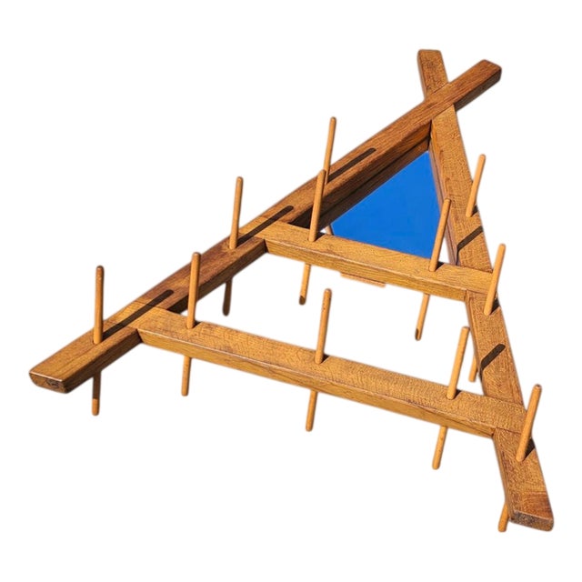 Triangular Wooden Wall Coat Rack with Mirror at the Top, 1960s For Sale