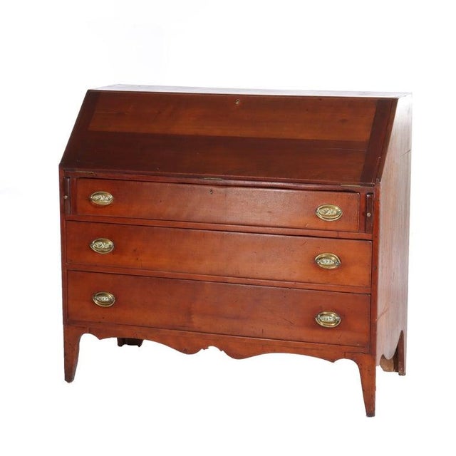 Antique Federal Hepplewhite Mahogany Three Drawer Drop Front Desk C1820 For Sale - Image 4 of 6