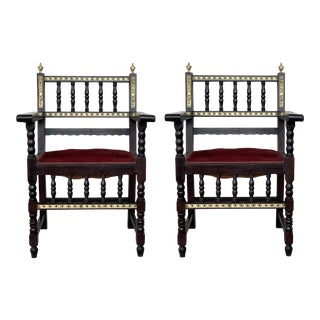19th Spanish Armchairs With Bronze Details and Red Velvet Upholstery - a Pair For Sale