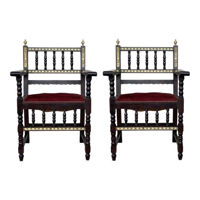 19th Spanish Armchairs With Bronze Details and Red Velvet Upholstery - a Pair For Sale