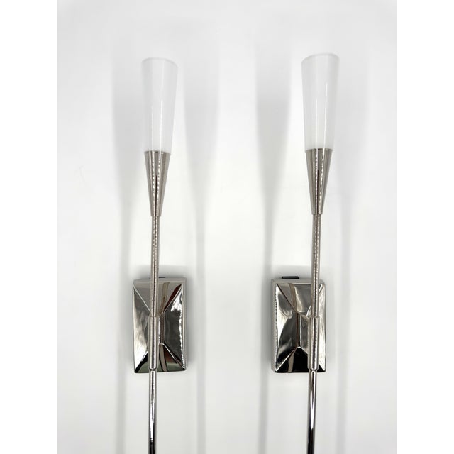 Metal Pair of Visual Comfort Stellar Single Tail Led Wall Sconces in Polished Nickel (Pre-Owned) For Sale - Image 7 of 12