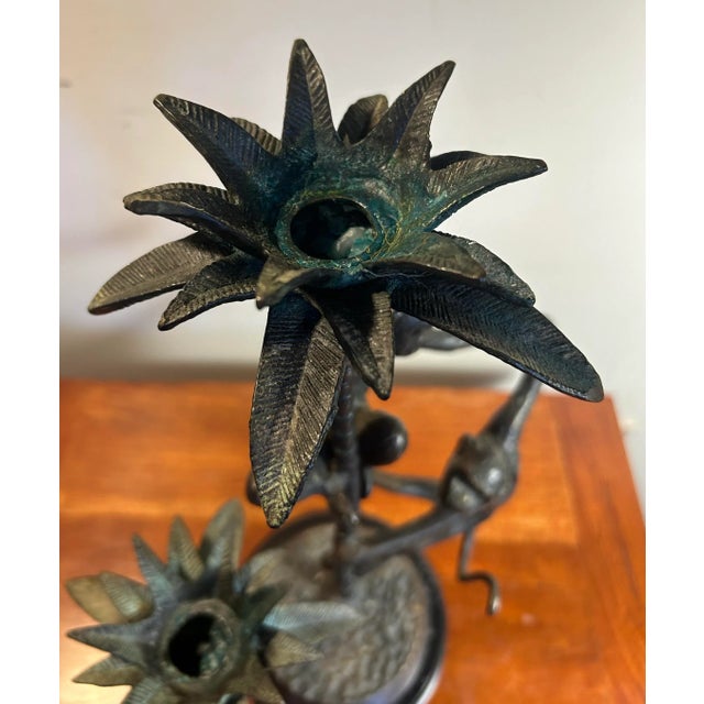 Metal Vintage Maitland Smith Style Monkey and Palm Tree Bronze Candelabra For Sale - Image 7 of 9