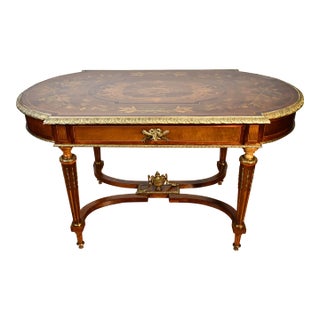 1890s Antique French Louis XVI Walnut & Satinwood Inlay Center Table Hall Table For Sale