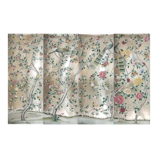 Contemporary Chinoiserie Peacock Wallpaper Hand Painted Wallpaper on Champagne Metallic - 4 Pieces For Sale