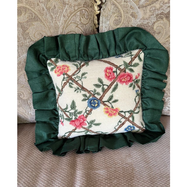 Textile Vintage Handmade Needlepoint Throw Pillow Cottage Core Embellished With Flowers, Branches and Vines For Sale - Image 7 of 10