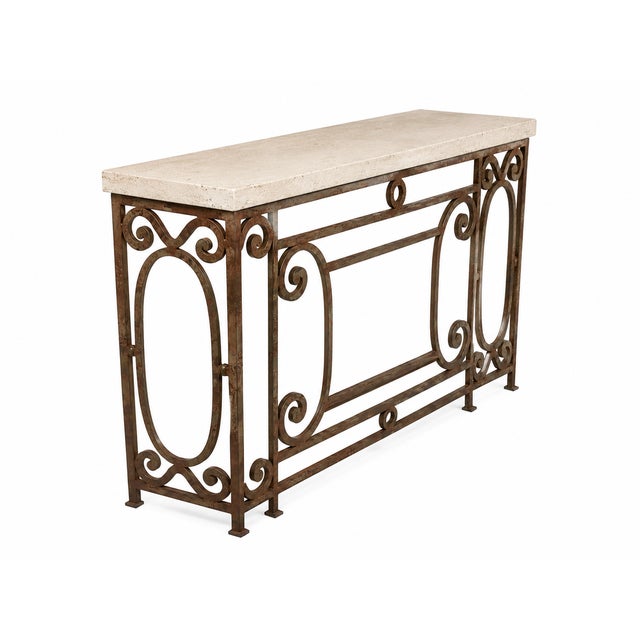 Rustic Decorate Iron Console With Travertine Top For Sale - Image 3 of 3