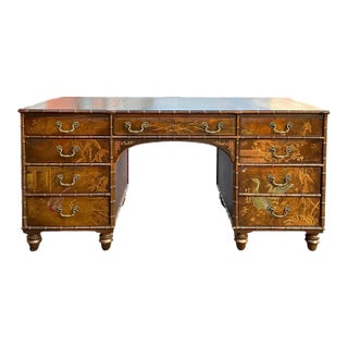 Regency Style Faux Bamboo Chinoiserie Leather Topped Desk Att. Baker Furniture For Sale