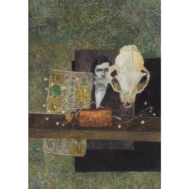 A casein painting by the American artist Gerald G. Boyce (1925-1999). Titled "Card, Portrait & Skull," this abstract work...