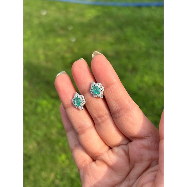 Not Yet Made - Made To Order Emerald Diamond Floral Cluster Vintage Stud Earrings in 14k White Gold- A Pair For Sale - Image 5 of 15