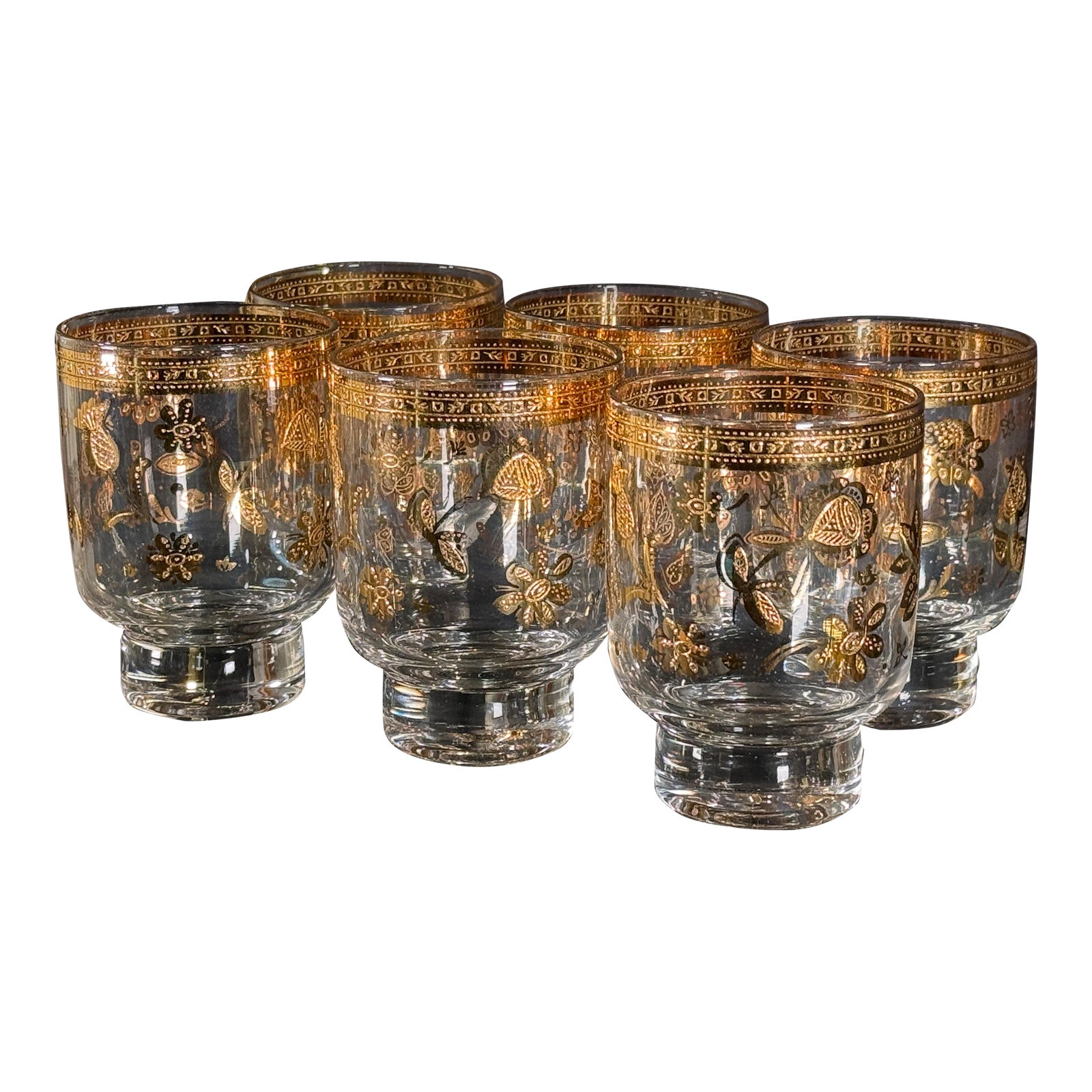 c.1960's Culver Chantilly 22k Gold Footed Rocks Glasses - Set of 6