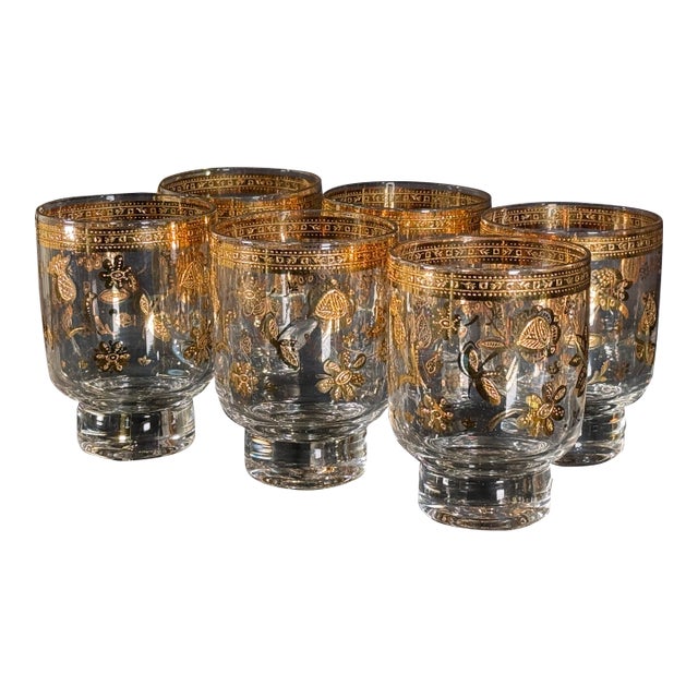 c.1960's Culver Chantilly 22k Gold Footed Rocks Glasses - Set of 6 For Sale