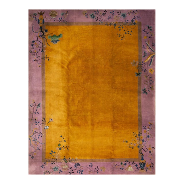 Extraordinary Gold Ground Color Wiht Violet Border Antique Chinese Art Deco Rug by Nichols Workshop For Sale