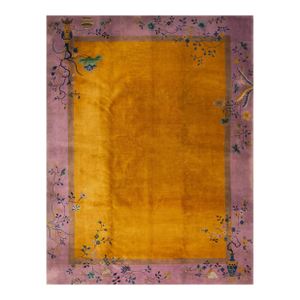 Extraordinary Gold Ground Color Wiht Violet Border Antique Chinese Art Deco Rug by Nichols Workshop