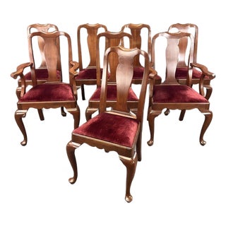 1970s Henkel Harris Solid Wild Black Cherry Queen Anne Dining Chairs - Rare Set of 8 For Sale