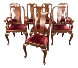 1970s Henkel Harris Solid Wild Black Cherry Queen Anne Dining Chairs - Rare Set of 8