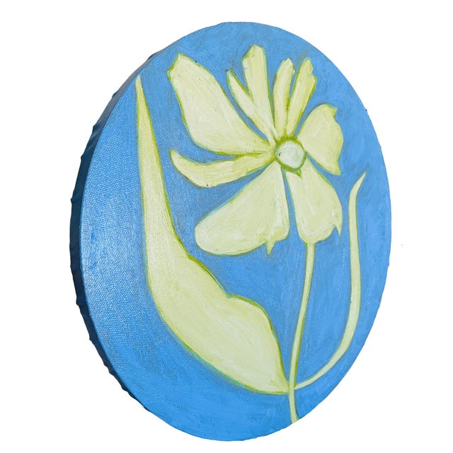 Abstract Original Round Flower Painting, Blue Green Yellow Botanical Wall Art, Oil on Circle Canvas by Tatiana Duperault For Sale - Image 3 of 5