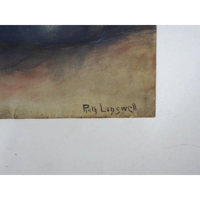 Early 20th century gouache on paper still life with hand fan and pots. Signed Ruth Longwell lower right corner. Unframed,...