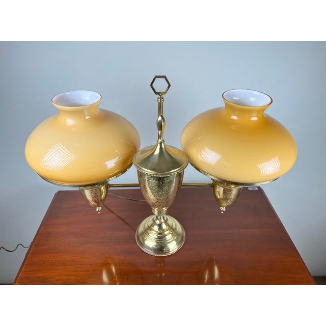 Early 20th Century Antique Bradley and Hubbard Brass Double-Arm Student Lamp With Carmel Shades For Sale - Image 5 of 12