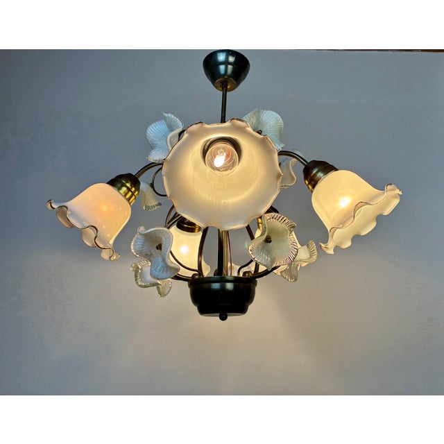 Vintage 1980s Floral Glass Chandelier – 5 Light Rustic Gold Ceiling Fixture For Sale - Image 12 of 15