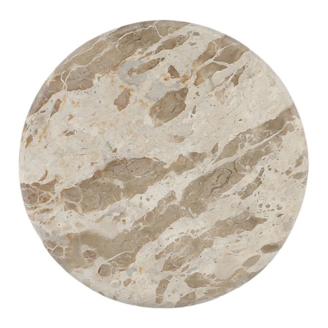 Contemporary beige and taupe round Tendu marble top side table with natural mango wood base. Each will vary beautifully in...