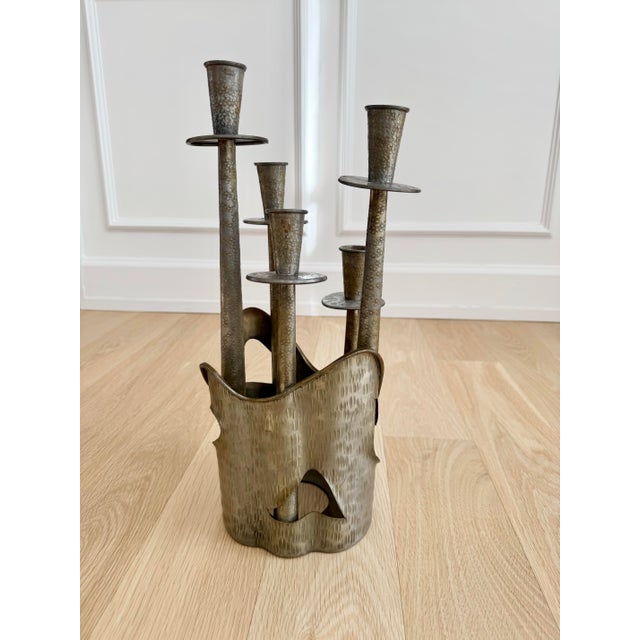 1970s 1970s Italian Brutalist Gilded Pewter 5-Arm Candelabra – Prof. Ceccherini For Sale - Image 5 of 12