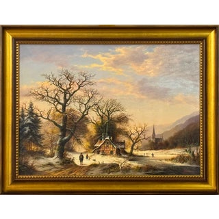 Vintage Rural Landscape Snow Scene "Winter Cold, Farm Idyll" by German Artist 1970 Circa For Sale
