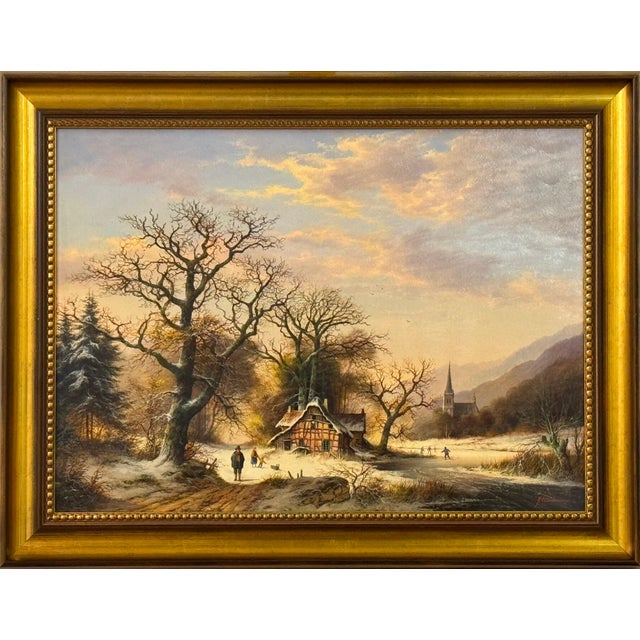Vintage Rural Landscape Snow Scene "Winter Cold, Farm Idyll" by German Artist 1970 Circa For Sale