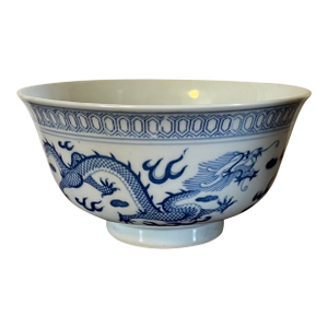 Chinese Kangxi Style Blue & White Porcelain Bowl Decorated With Dragons and Clouds