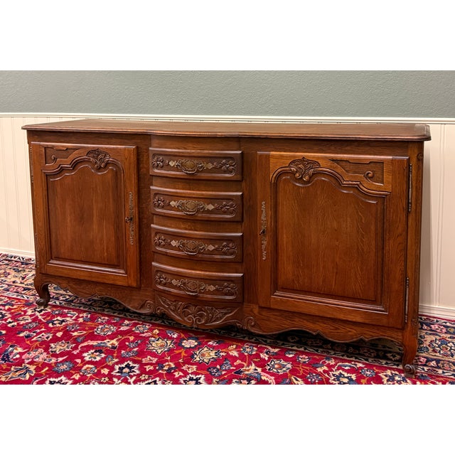 Antique French Louis XV Bow Front Buffet Sideboard Server Carved Oak C. 1930s For Sale - Image 4 of 18