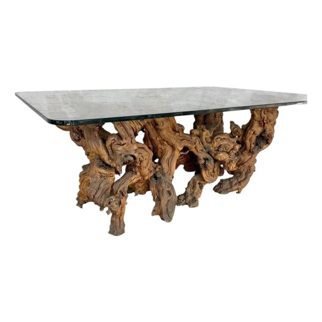 Vintage Sculptural Natural Burlwood Root Dining Table With Rectangular Glass Top For Sale