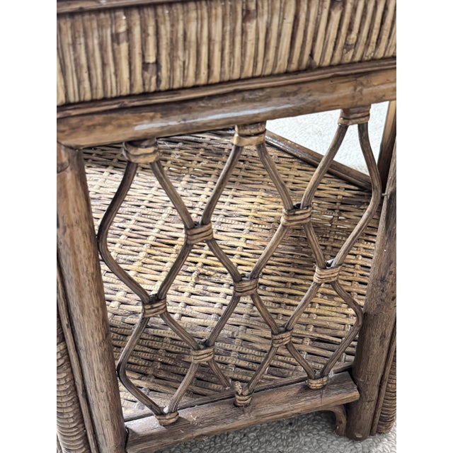 Boho Chic 1970s Oversized Rattan and Wicker With Glass Top Hexagon End Table For Sale - Image 3 of 4