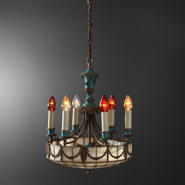 Arts & Crafts Antique Classical Arts & Crafts Leaded Glass 8-Light Chandelier C1920 For Sale - Image 3 of 8