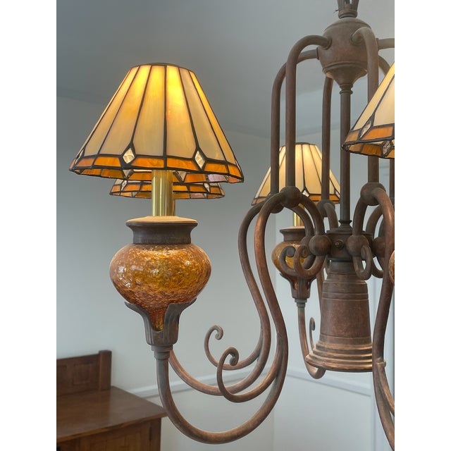 1990s Vintage Mission Style 6-Light Large Chandelier Amber Glass Wrought-Iron For Sale - Image 5 of 5