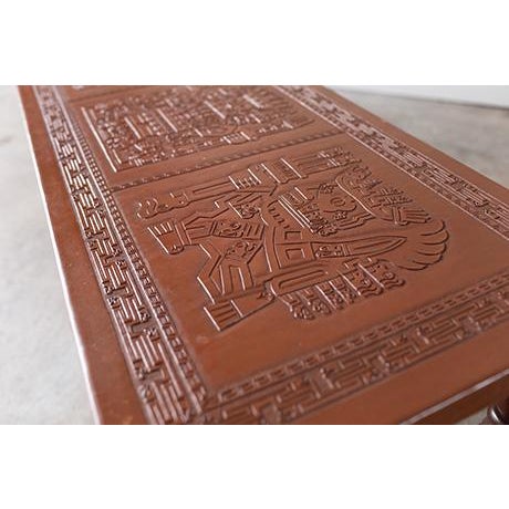 Wood Mid Century Peruvian Hand Tooled Leather Coffee Table or Bench For Sale - Image 7 of 14