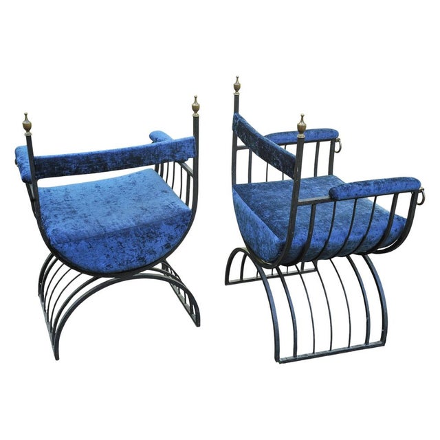 Mid-Century Modern Savonarola Chairs with Blue Velvet Upholstery, 1960s, Set of 2 For Sale - Image 4 of 11