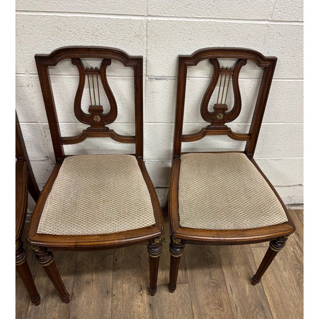 Vintage French Louis XVI Style Harp Back Lyre Back Bronze Ormulu Dining Chairs For Sale - Image 4 of 14