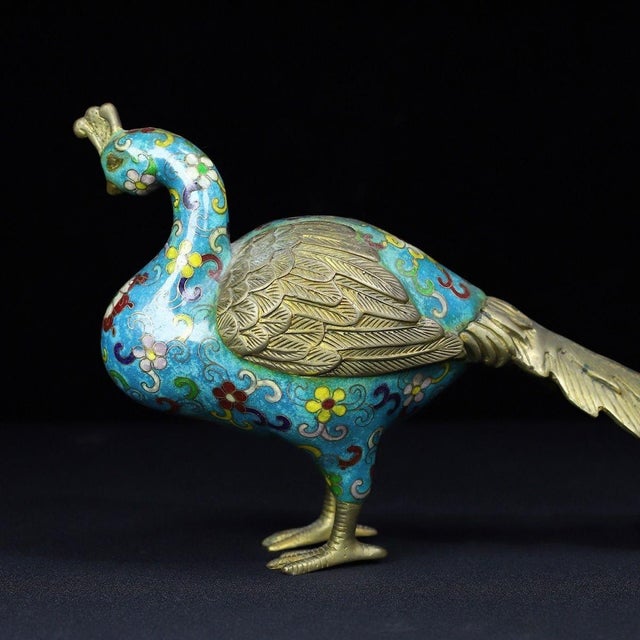 Metal Vintage Cloisonné Enamel Peacock Figurine With Brass Accents For Sale - Image 7 of 10