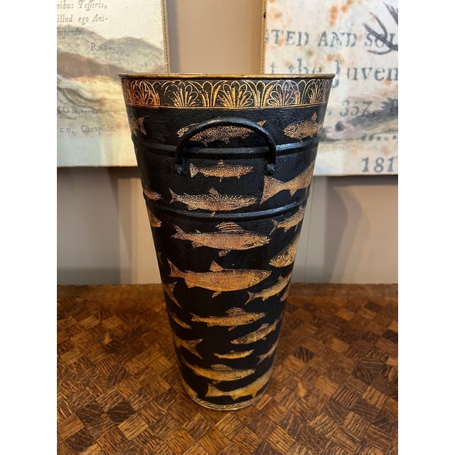 Vintage English Planter Jardiniere Urn Fish Decoupage Black Tole Lodge Décor For Sale - Image 14 of 18